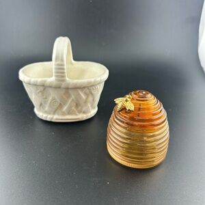 Vintage Niloak Mini Basket + Avon Amber Glass Beehive w/ Gold Bee Top - Adorable